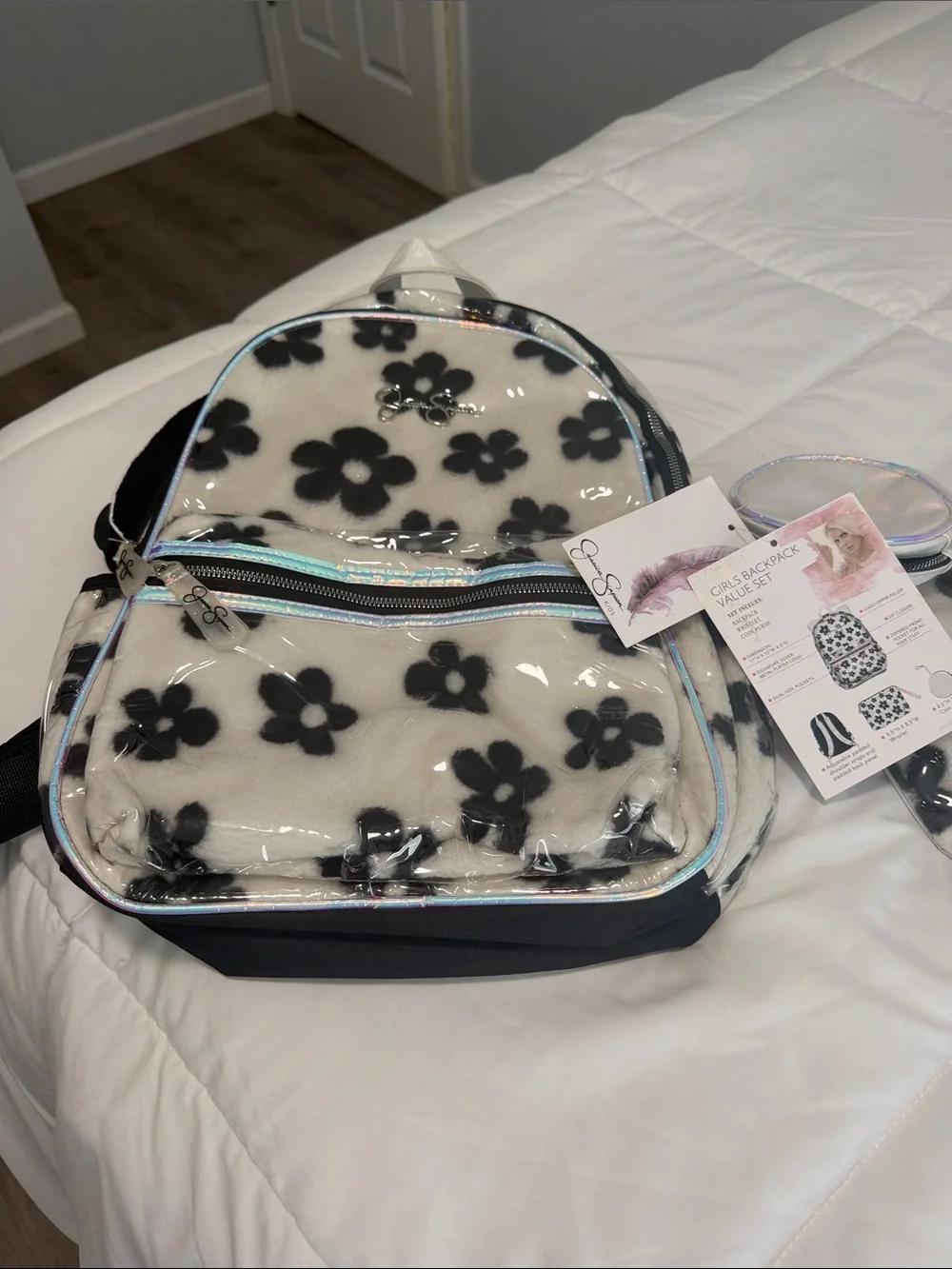 Jessica Simpson Cream and Black Floral Faux-Fur Backpack Value Set
